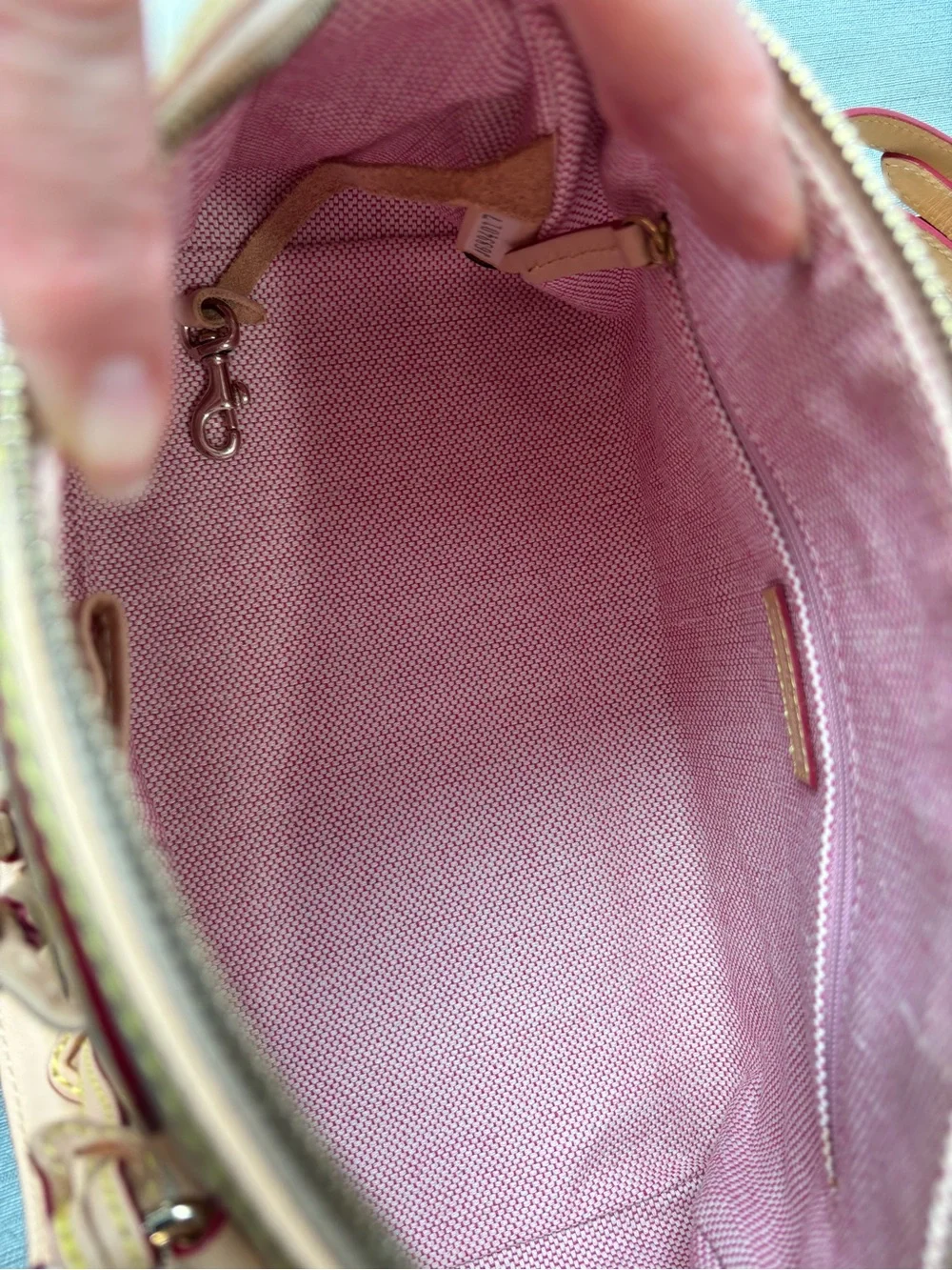 Vintage Dooney Bourke Light Blue Logo Satchel with Vacchetta Leather Trim Tassel